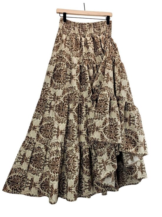 SHEIN Dresses & Skirts - Maxi Boho Tiered Skirt M Shein Beige Brown Damask Print Smocked Elastic Waist